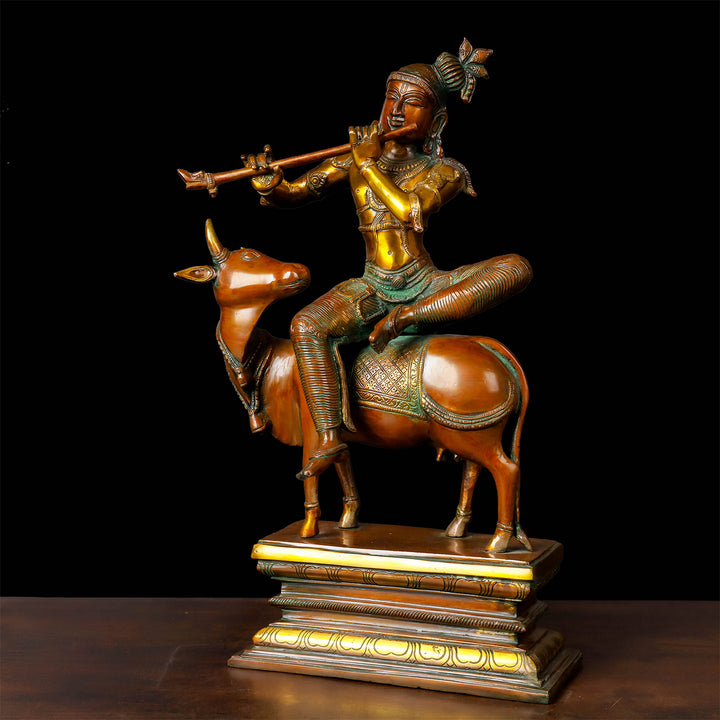 Brass Vintage Krishna Idol Seated On Cow Orange Patina Finish 21 Inch
