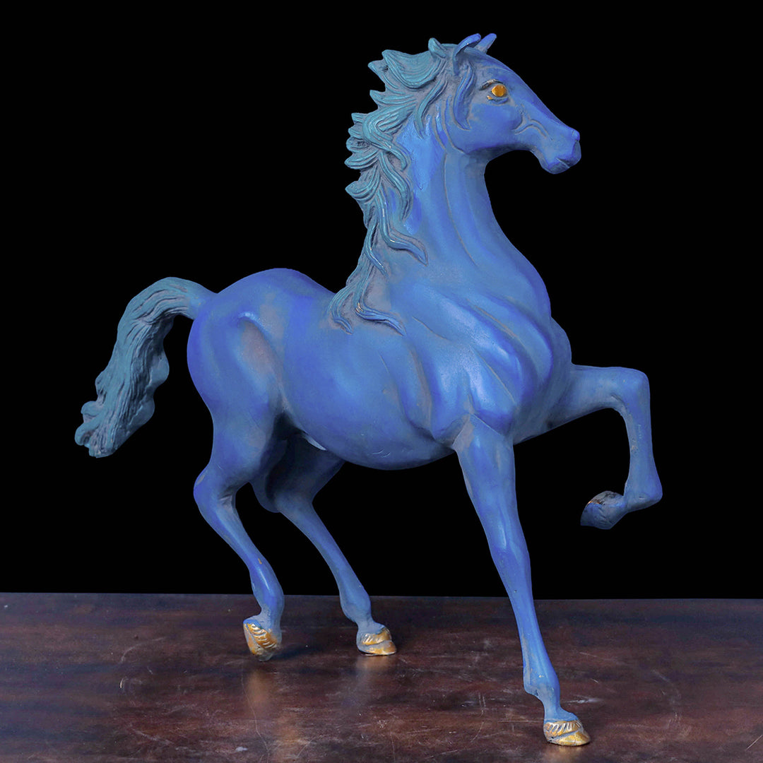 Brass Vintage Horse Sculpture Antique Blue Finish For Decor Showpiece 17 Inch