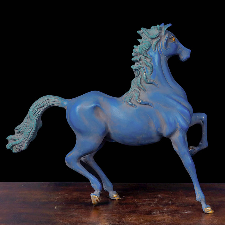 Brass Vintage Horse Sculpture Antique Blue Finish For Decor Showpiece 17 Inch
