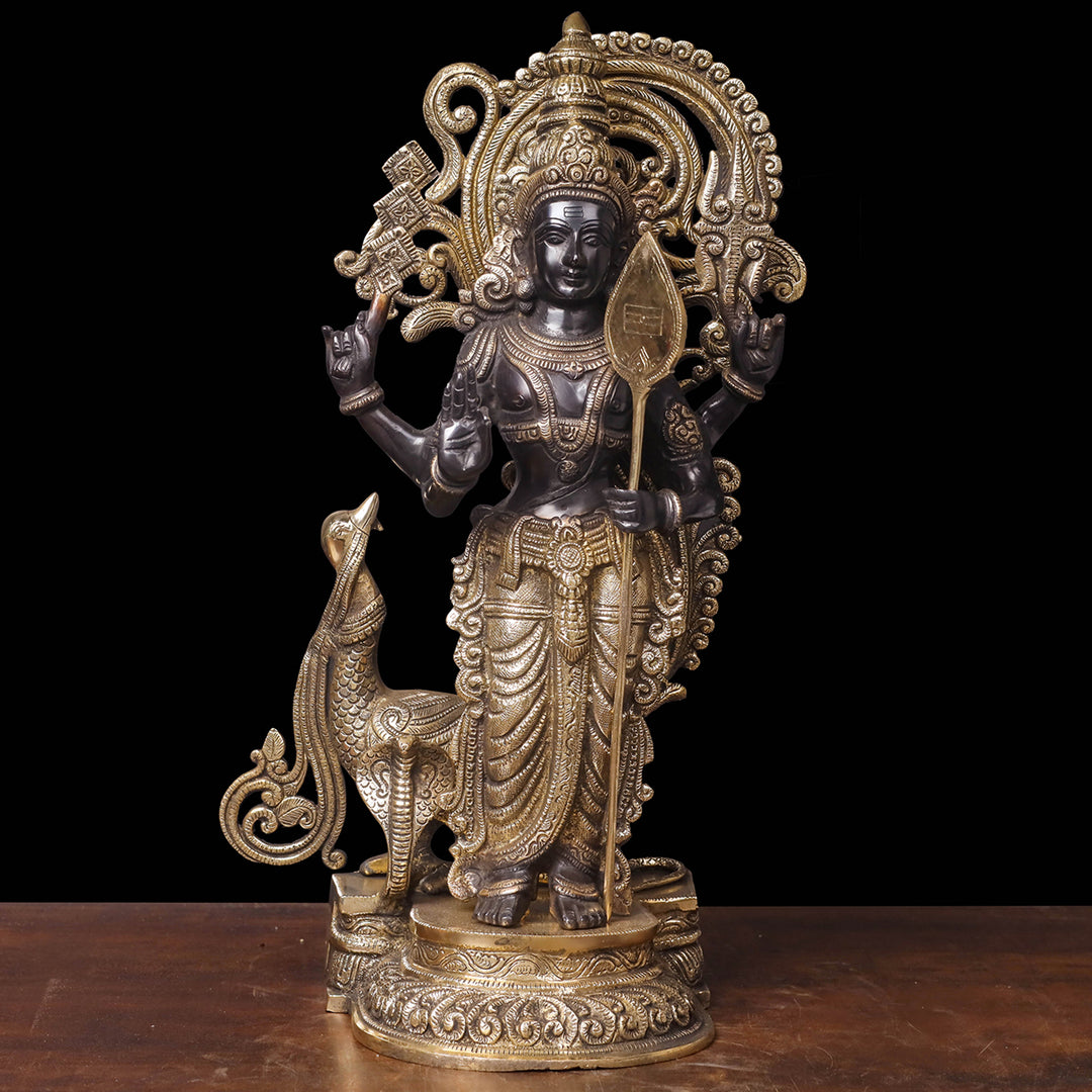 Brass Fine Kartikeya Murugan Swamy Idol Standing With Peacock 20 Inch