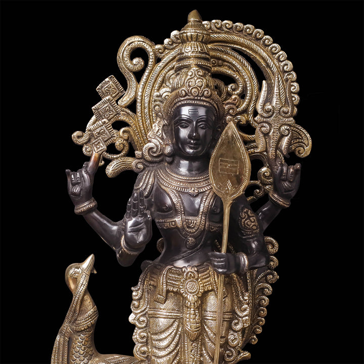 Brass Fine Kartikeya Murugan Swamy Idol Standing With Peacock 20 Inch