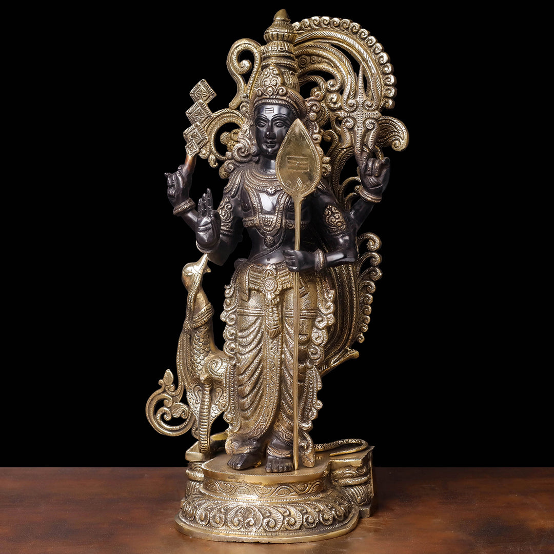 Brass Fine Kartikeya Murugan Swamy Idol Standing With Peacock 20 Inch