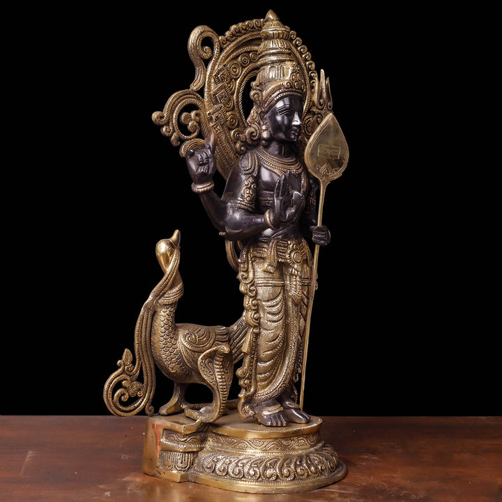 Brass Fine Kartikeya Murugan Swamy Idol Standing With Peacock 20 Inch