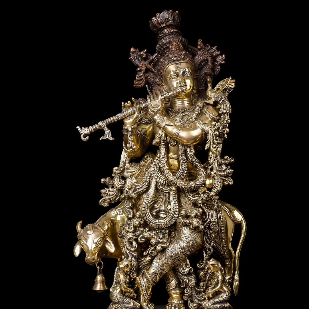 Brass Krishna Idol With Cow on Carved Pedestal Antique Finish 28 Inches