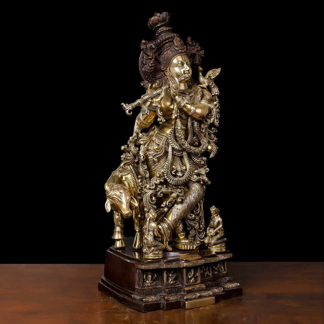 Brass Krishna Idol With Cow on Carved Pedestal Antique Finish 28 Inches