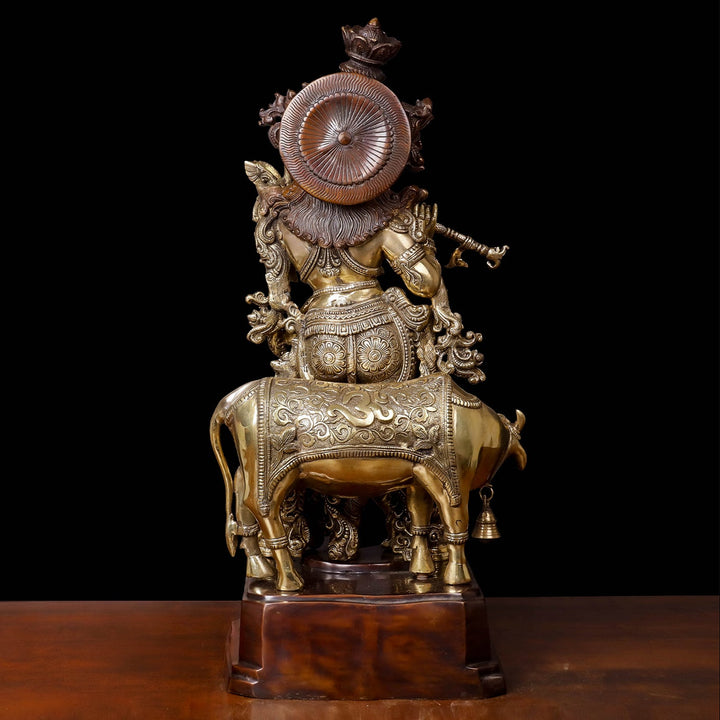 Brass Krishna Idol With Cow on Carved Pedestal Antique Finish 28 Inches