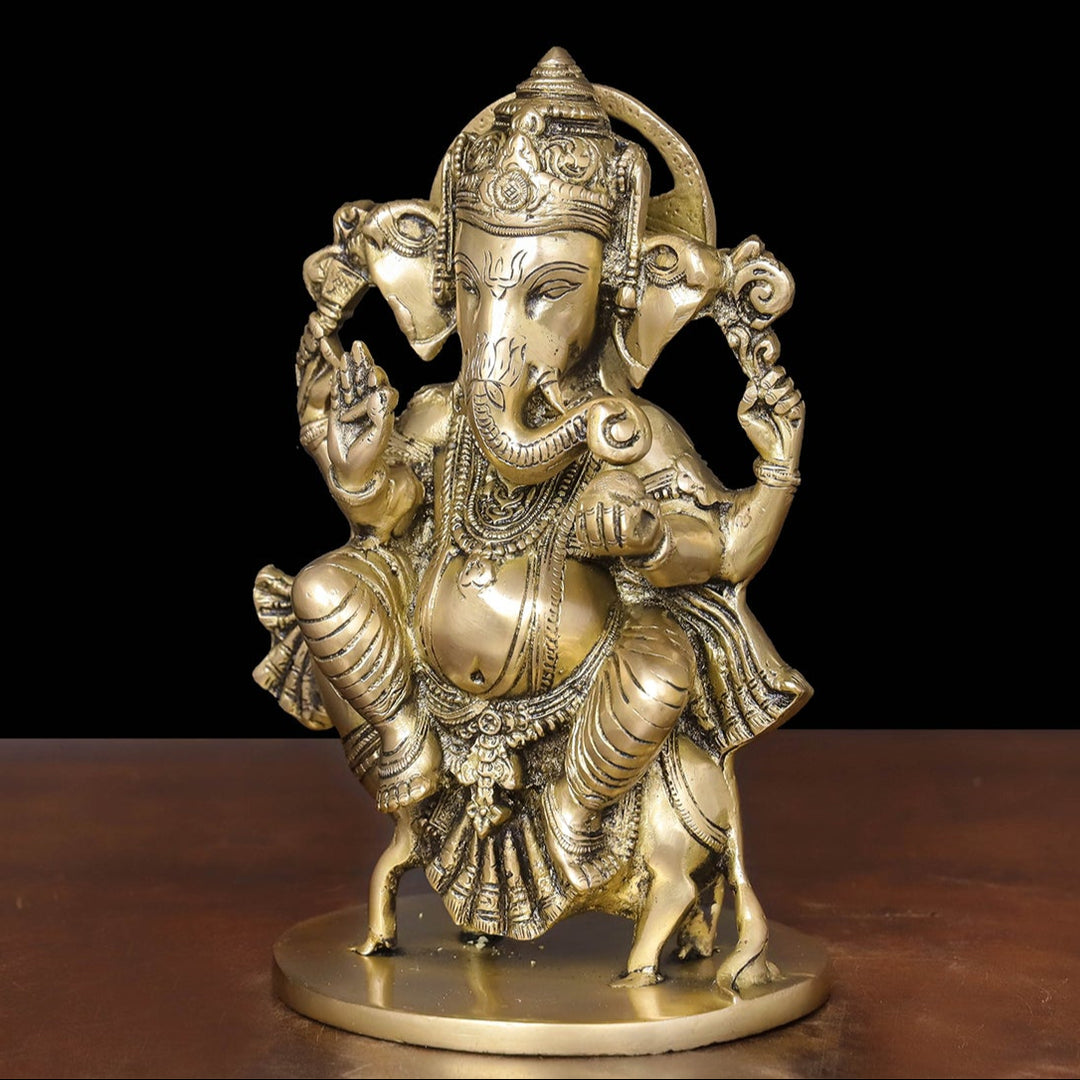 Brass Ganesha Idol Seated On Ret For Home Temple Decor 10 Inch