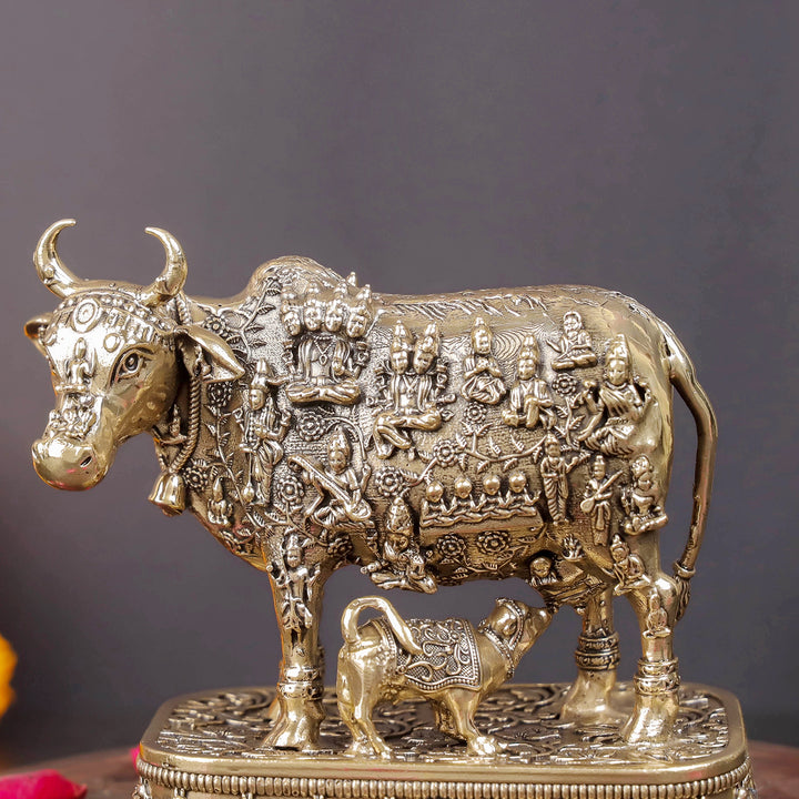 Brass Superfine Kamadhenu Cow with Engraved Gods and Goddesses 4 Inch