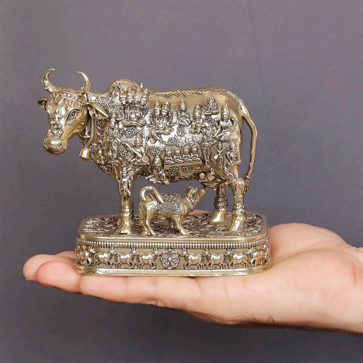 Brass Superfine Kamadhenu Cow with Engraved Gods and Goddesses 4 Inch