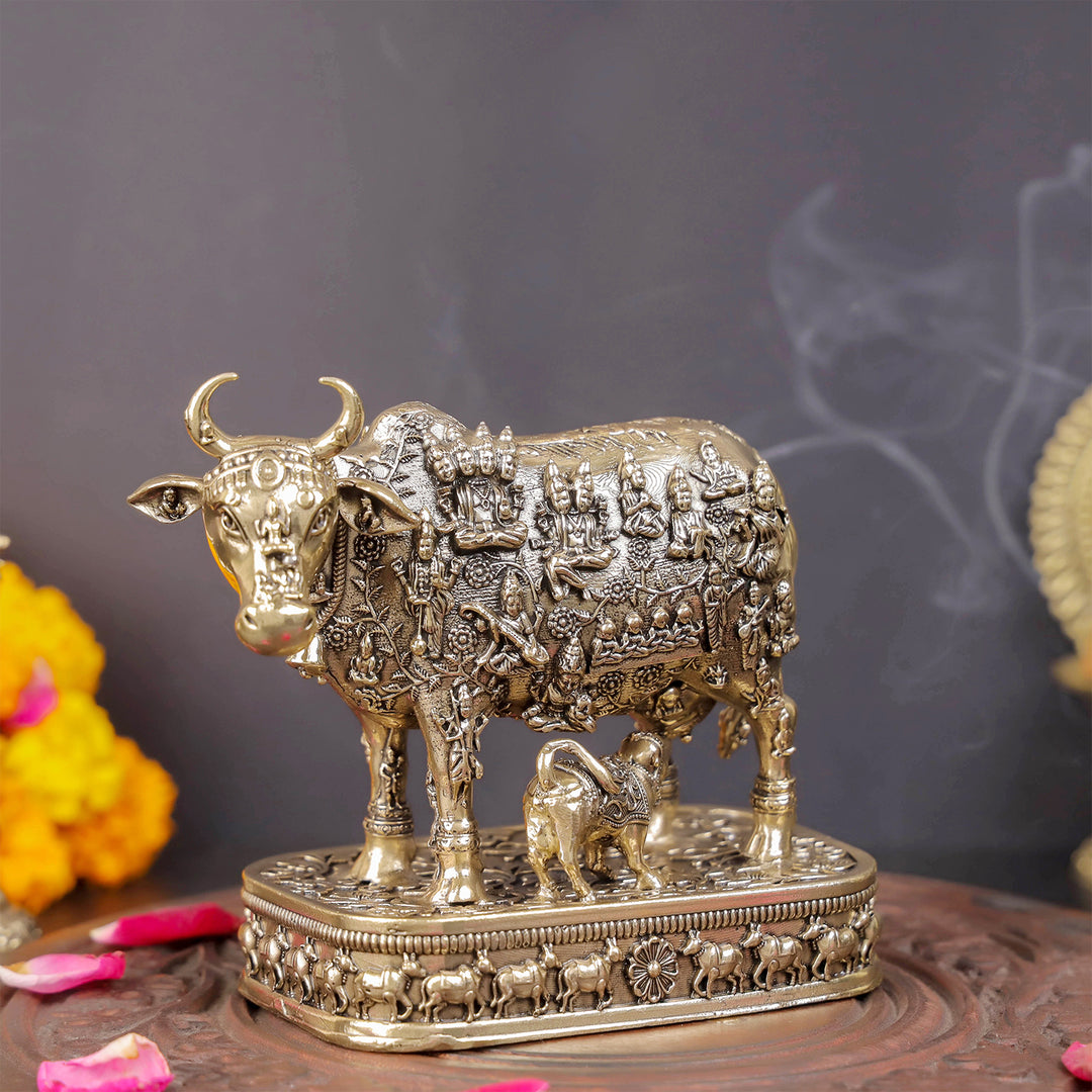 Brass Superfine Kamadhenu Cow with Engraved Gods and Goddesses 4 Inch