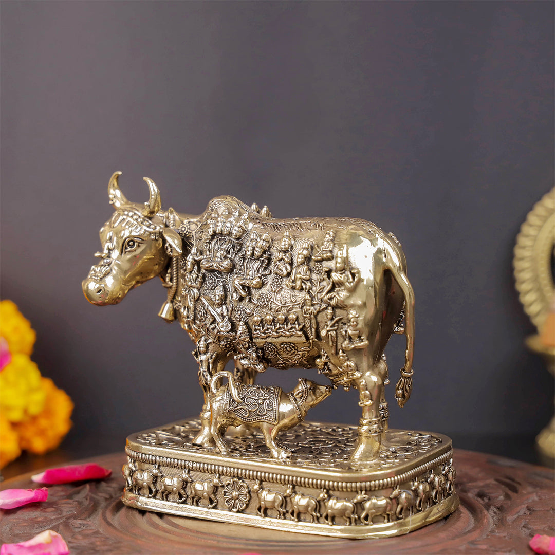 Brass Superfine Kamadhenu Cow with Engraved Gods and Goddesses 4 Inch