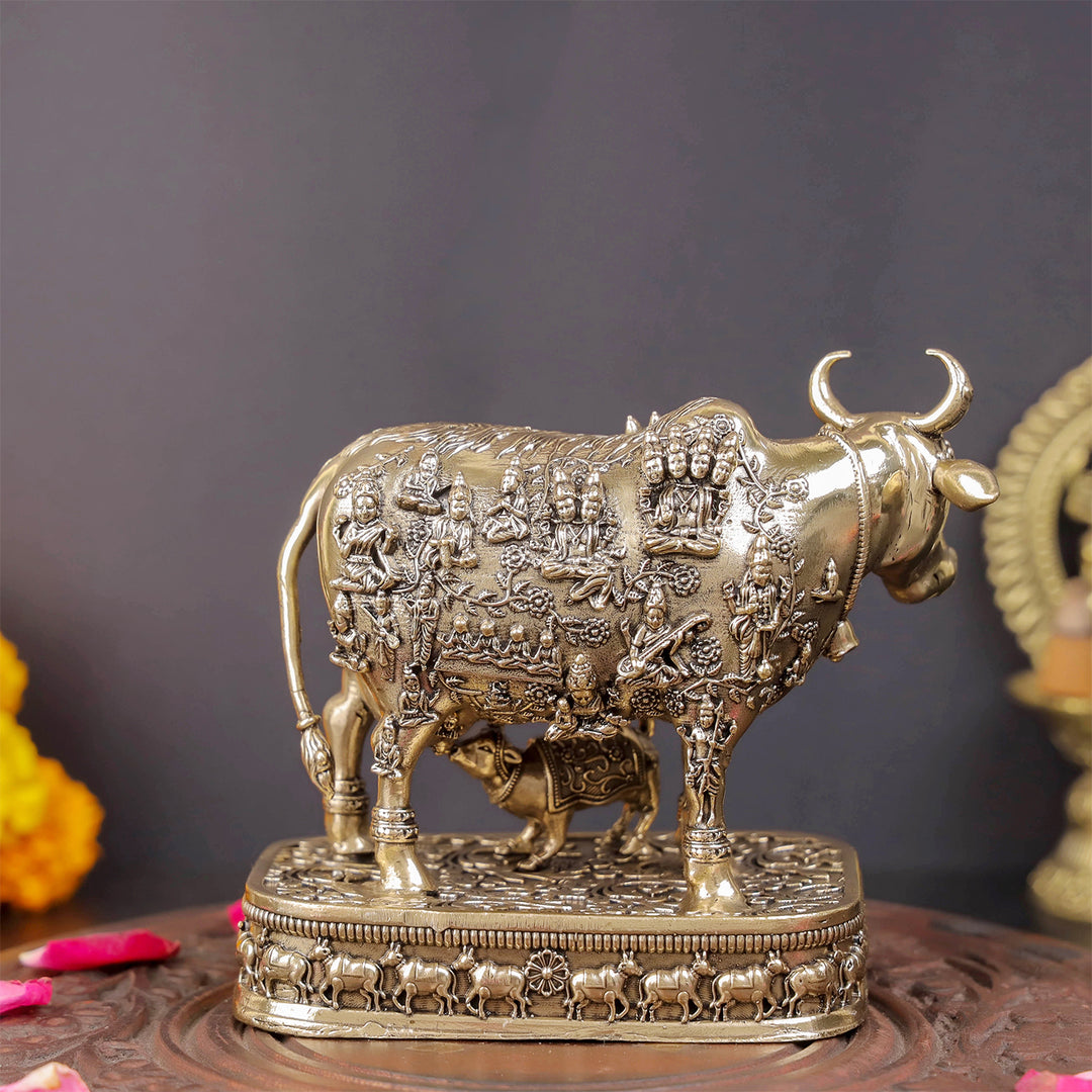 Brass Superfine Kamadhenu Cow with Engraved Gods and Goddesses 4 Inch