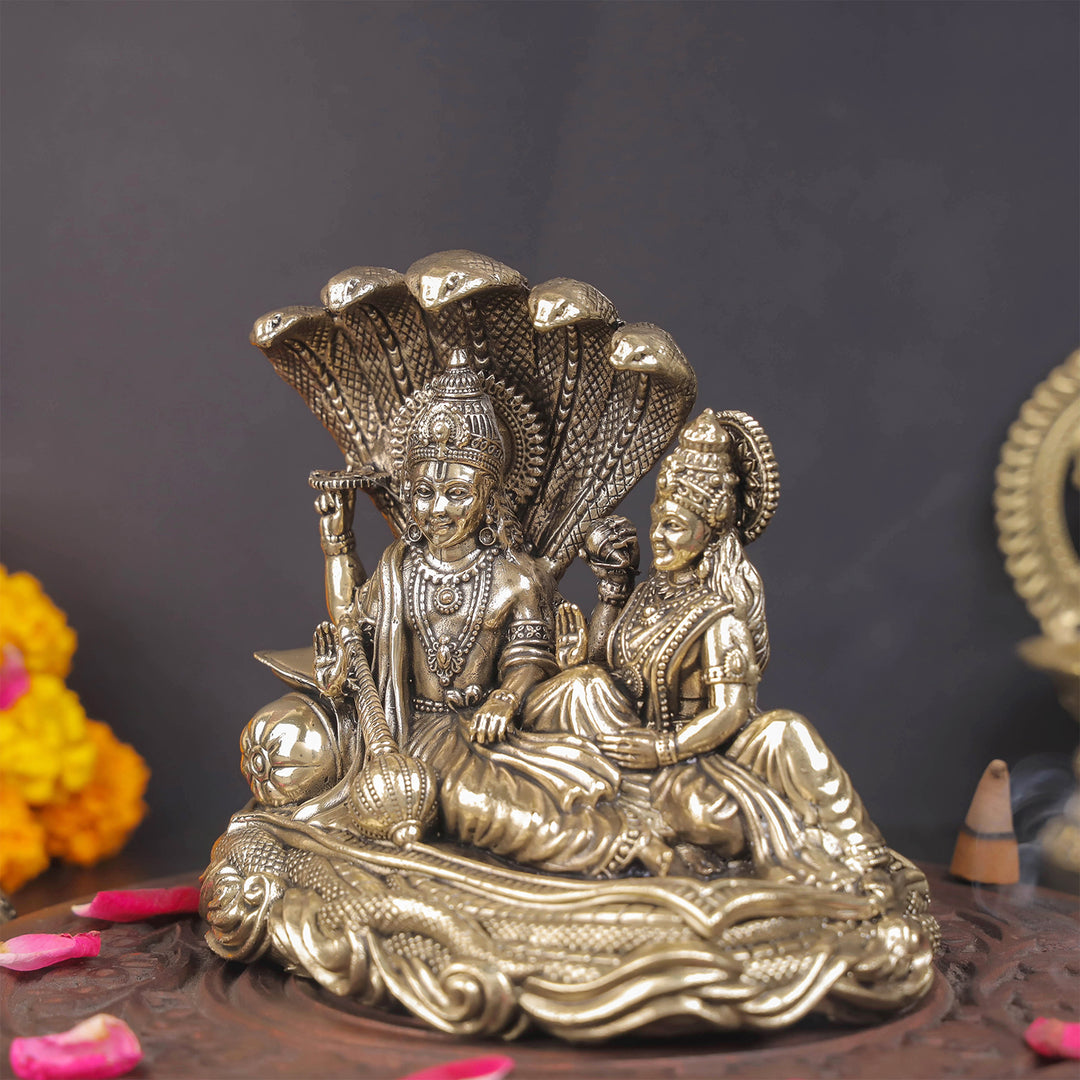 Brass Superfine Vishnu Lakshmi Idol Under Serpent 5 Inch