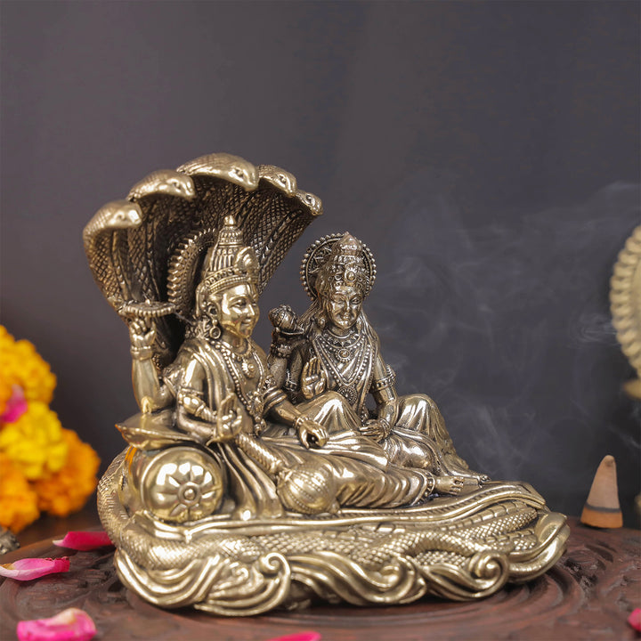 Brass Superfine Vishnu Lakshmi Idol Under Serpent 5 Inch