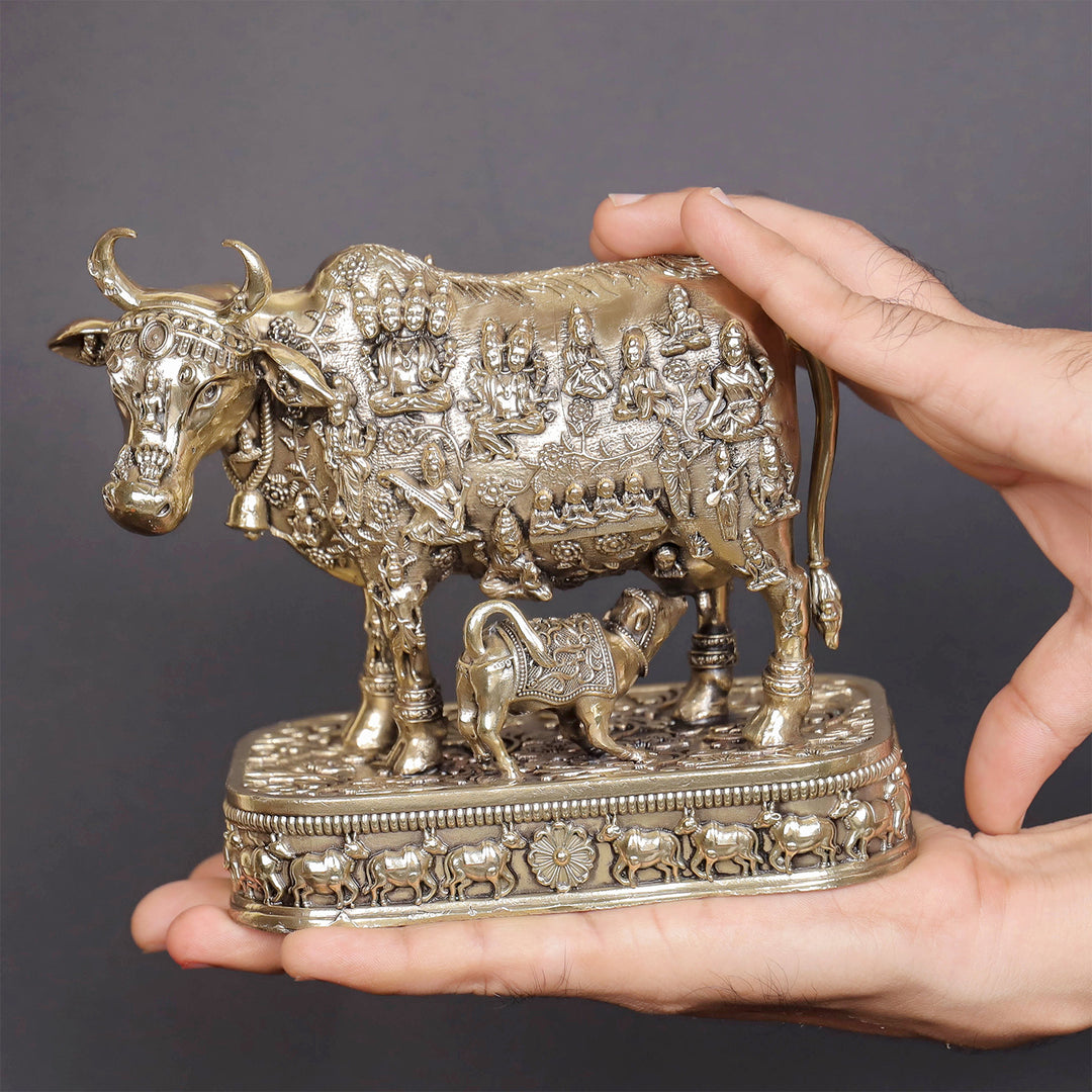 Brass Superfine Kamadhenu Cow with Engraved Gods and Goddesses 6 Inches