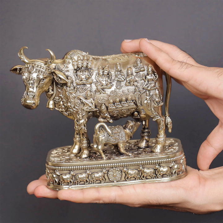 Brass Superfine Kamadhenu Cow with Engraved Gods and Goddesses 6 Inches