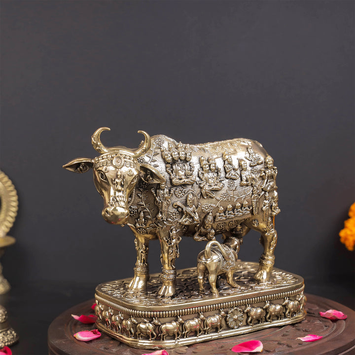 Brass Superfine Kamadhenu Cow with Engraved Gods and Goddesses 6 Inches