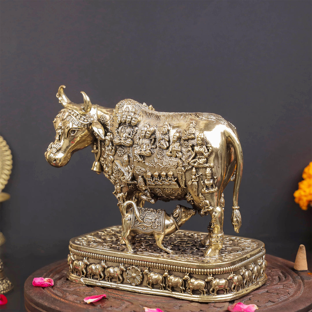 Brass Superfine Kamadhenu Cow with Engraved Gods and Goddesses 6 Inches