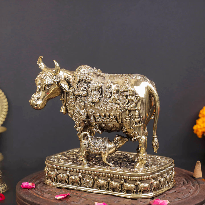 Brass Superfine Kamadhenu Cow with Engraved Gods and Goddesses 6 Inches