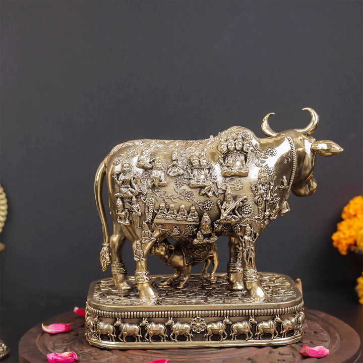 Brass Superfine Kamadhenu Cow with Engraved Gods and Goddesses 6 Inches