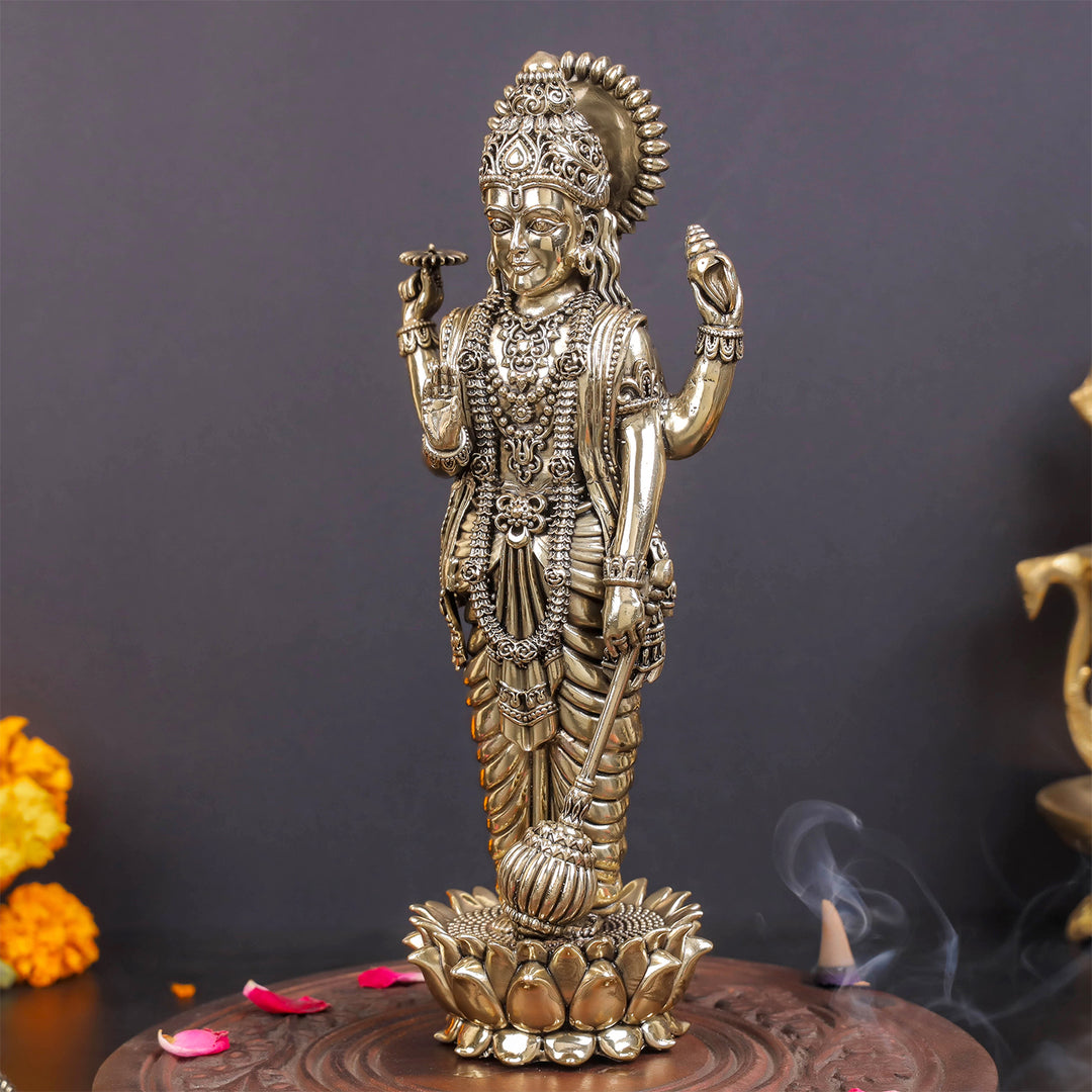 Brass Sueprfine Vishnu Idol Standing On Lotus 10 Inches