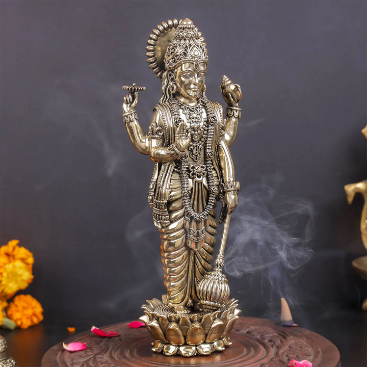 Brass Sueprfine Vishnu Idol Standing On Lotus 10 Inches