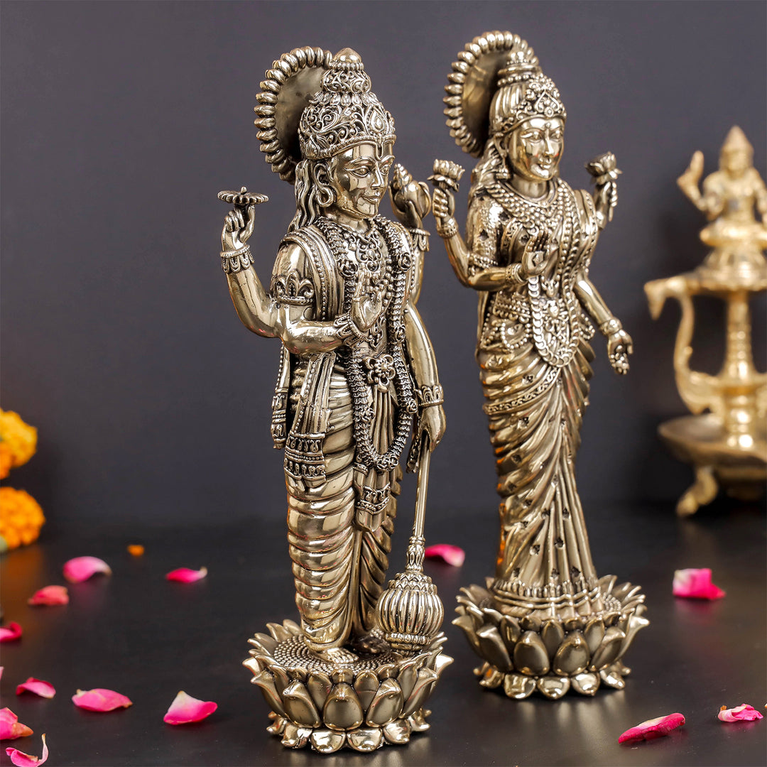 Brass Superfine Standing Vishnu Lakshmi Idol 10 Inches