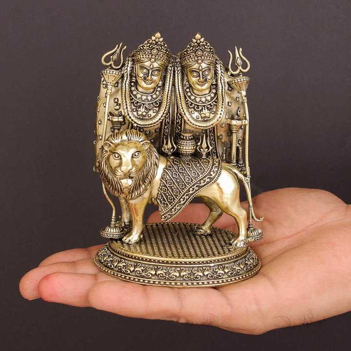 Brass Superfine Kaila Devi Chamunda Mata on Lion Idol 4.5 Inch