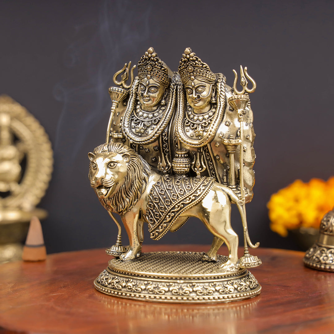 Brass Superfine Kaila Devi Chamunda Mata on Lion Idol 4.5 Inch