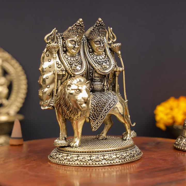 Brass Superfine Kaila Devi Chamunda Mata on Lion Idol 4.5 Inch