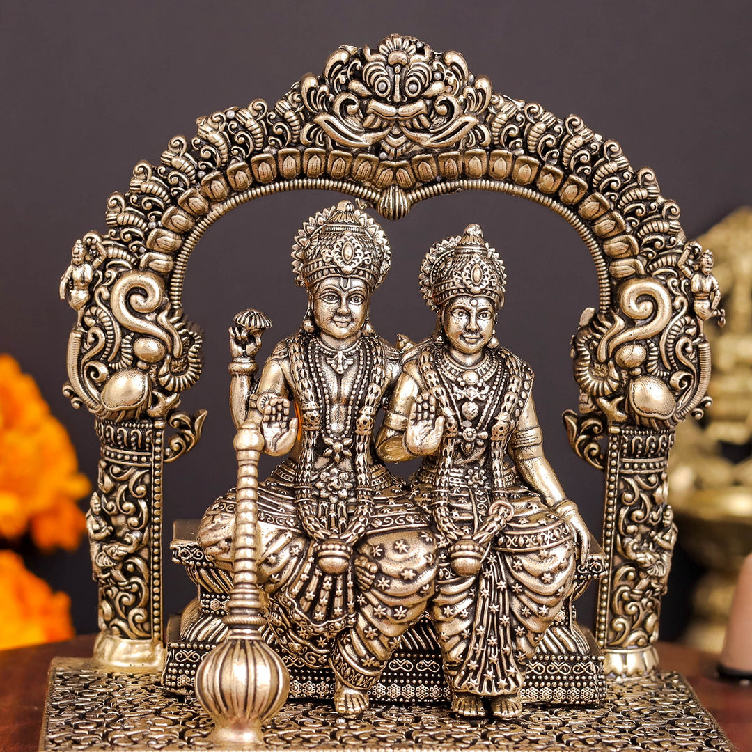 Brass Superfine Blessing Lakshmi Narayan Idol With Kirtimukha Prabhavali 4.5 Inch
