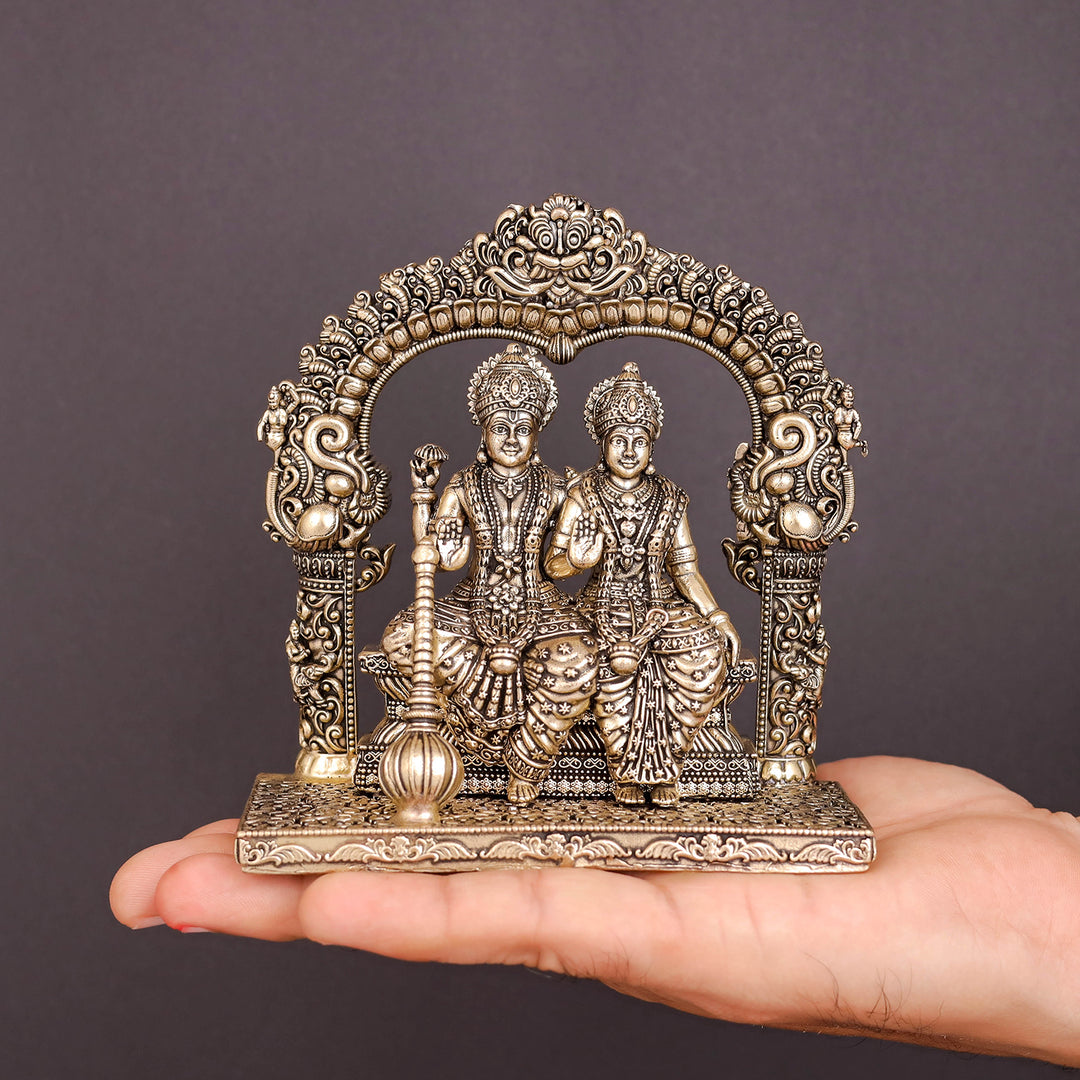 Brass Superfine Blessing Lakshmi Narayan Idol With Kirtimukha Prabhavali 4.5 Inch
