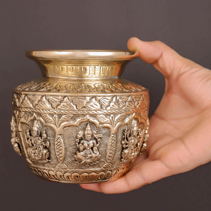 Brass Superfine Ashtalakshmi Kalash Handcrafted Divine Pot 4.5 Inches