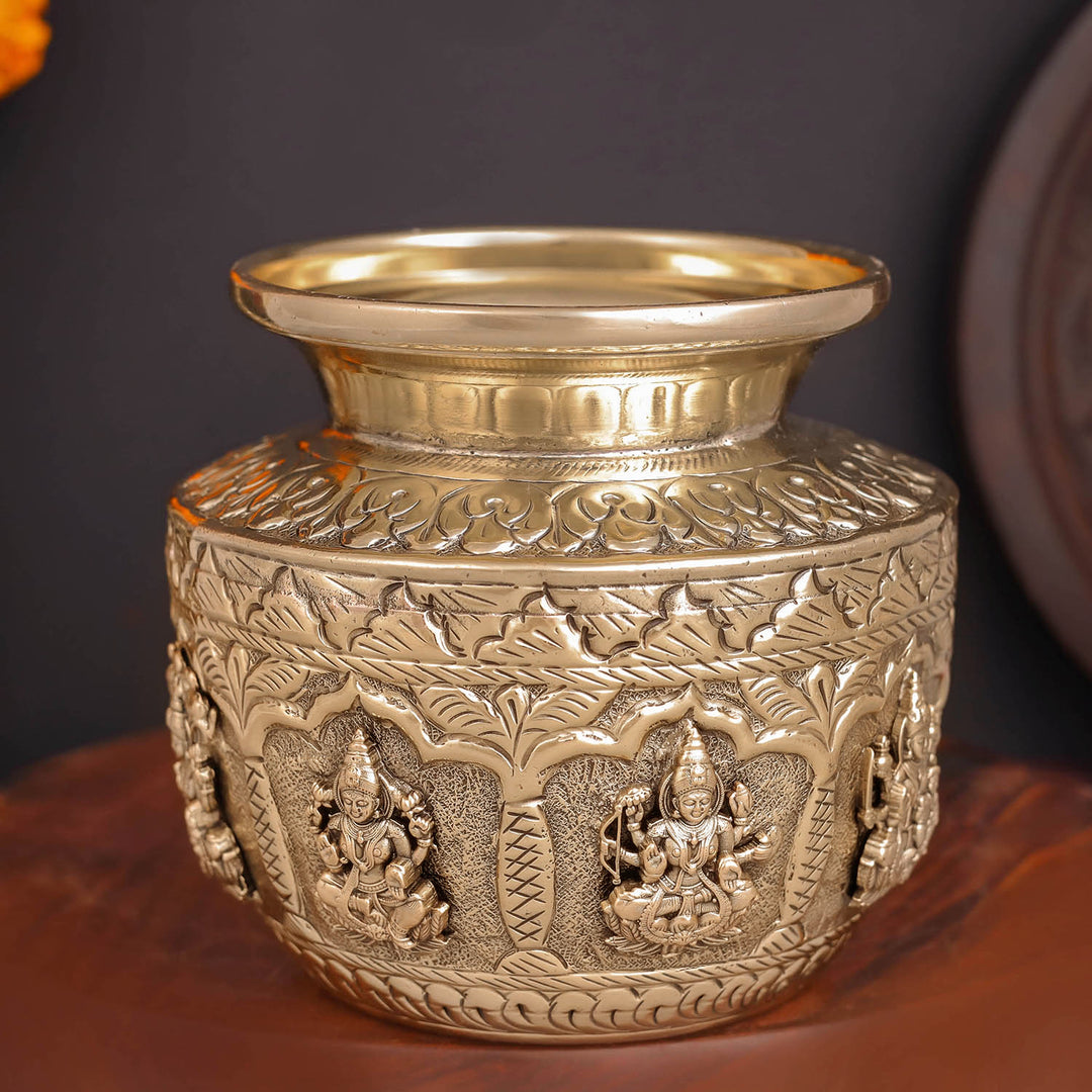 Brass Superfine Ashtalakshmi Kalash Handcrafted Divine Pot 4.5 Inches
