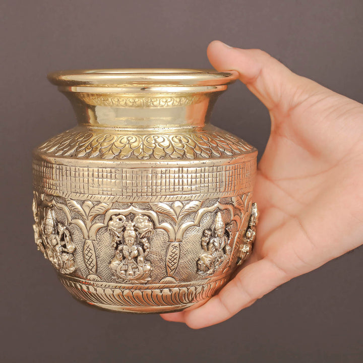 Brass Superfine Ashtalakshmi Kalash Intricately Handcrafted 5 Inches