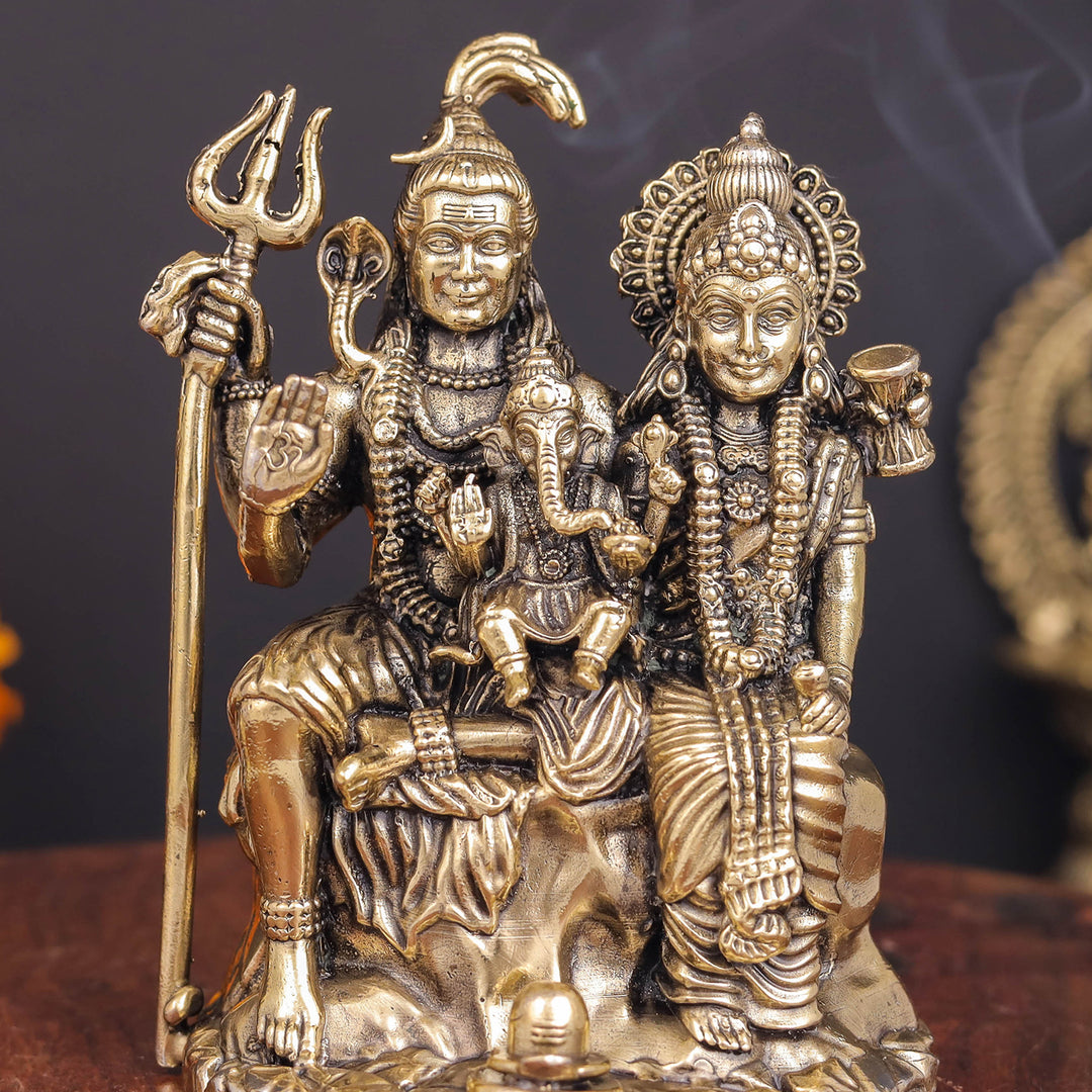 Brass Superfine Shiva and Parvati With Ganesha Idol 4 Inch