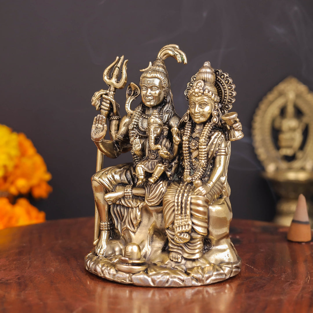 Brass Superfine Shiva and Parvati With Ganesha Idol 4 Inch