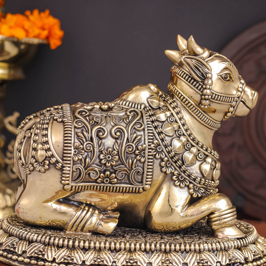 Brass Superfine Large Nandi with Intricate Carvings 8 Inches