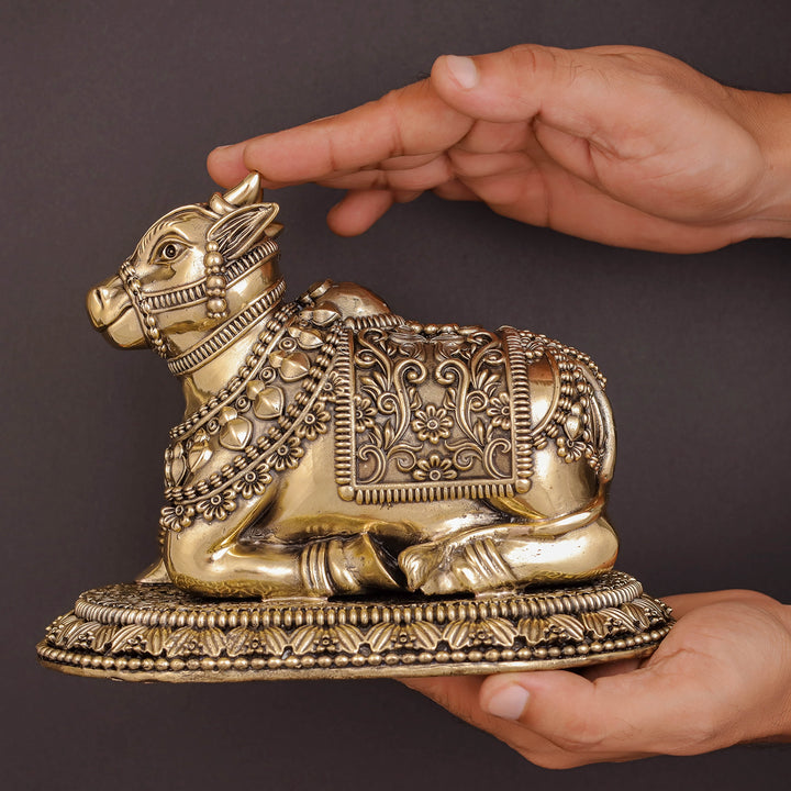 Brass Superfine Large Nandi with Intricate Carvings 8 Inches