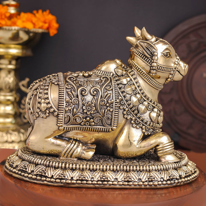 Brass Superfine Large Nandi with Intricate Carvings 8 Inches