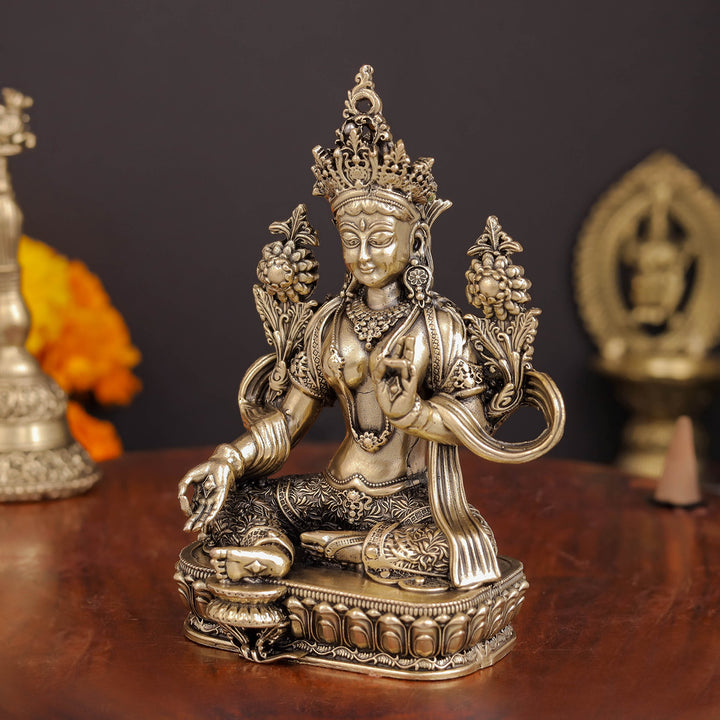 Brass Superfine Buddhist Goddess Green Tara Statue 4.5 Inches