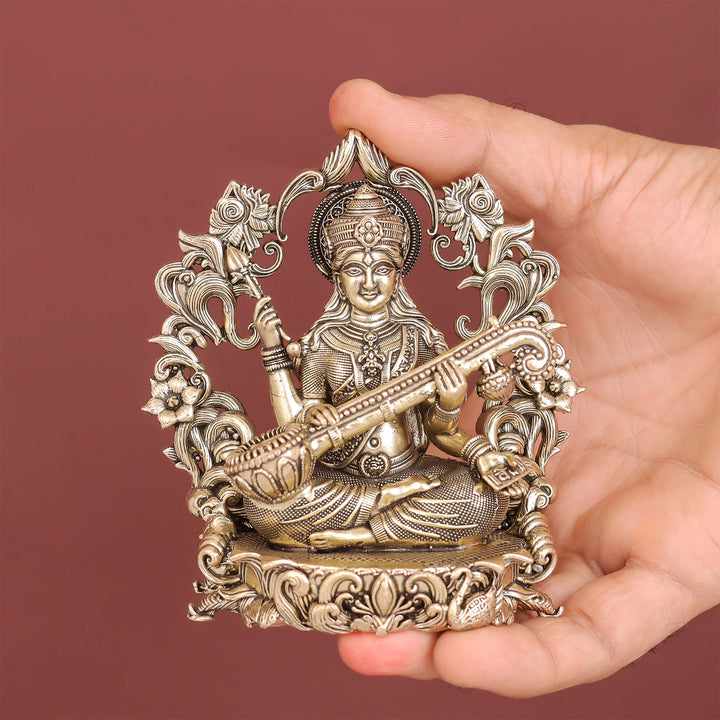 Brass Superfine Goddess Saraswati Idol with Floral Prabhavali 4 Inch