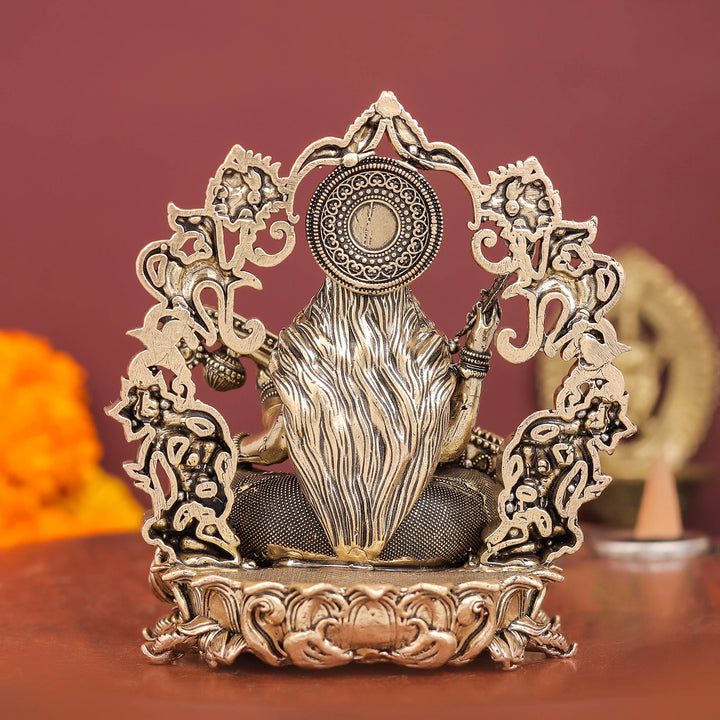 Brass Superfine Goddess Saraswati Idol with Floral Prabhavali 4 Inch