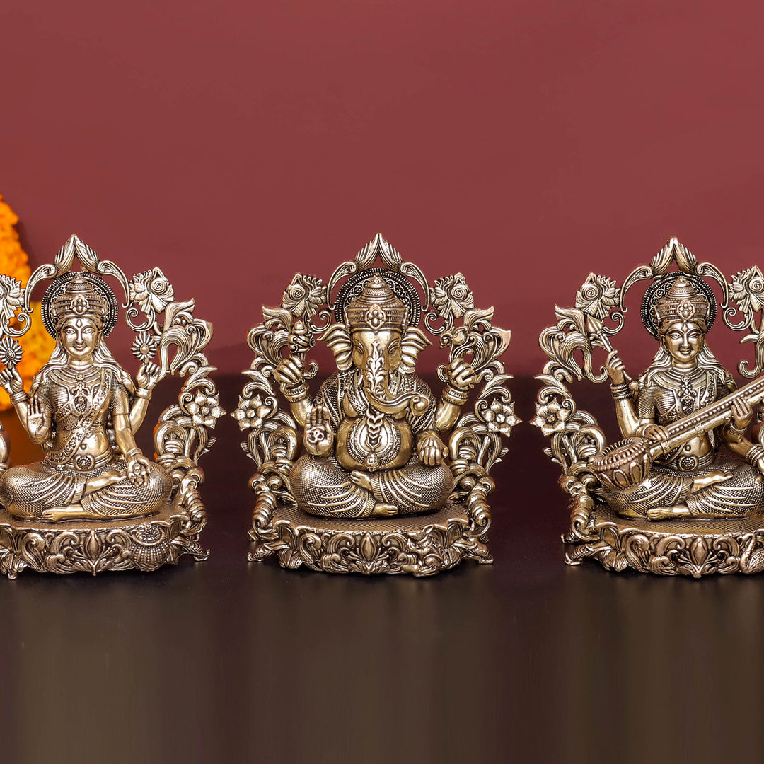 Brass Antique Ganesha, Lakshmi, Saraswati Idol 4''