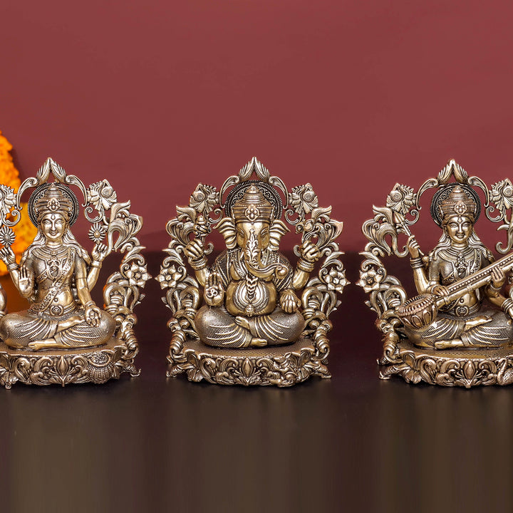 Brass Antique Ganesha, Lakshmi, Saraswati Idol 4''
