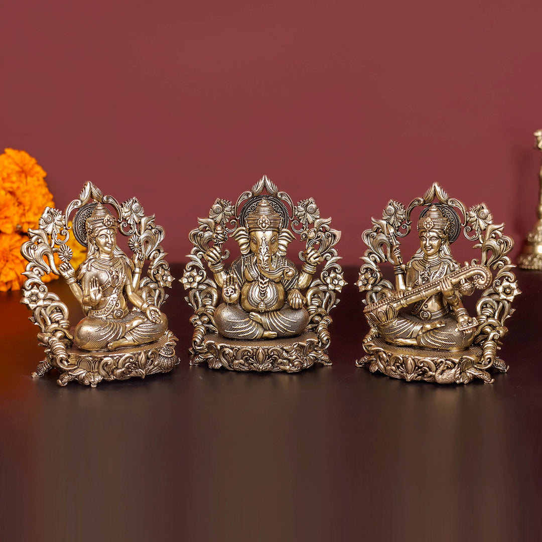 Brass Antique Ganesha, Lakshmi, Saraswati Idol 4''