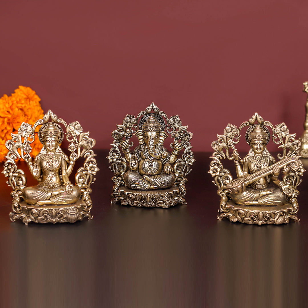 Brass Antique Ganesha, Lakshmi, Saraswati Idol 4''