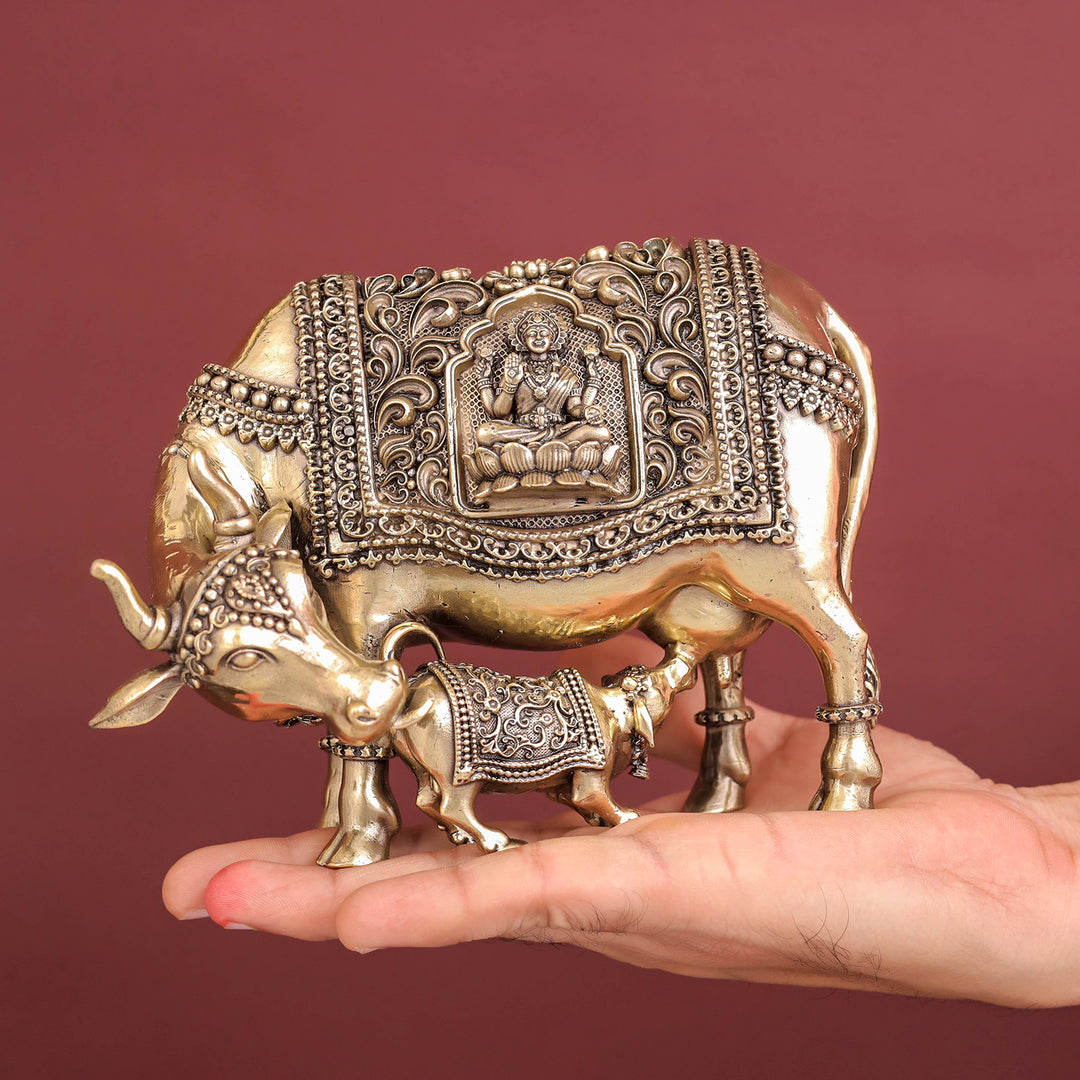 Brass Antique Kamdhenu with Lakshmi Ganesha Statue 6"