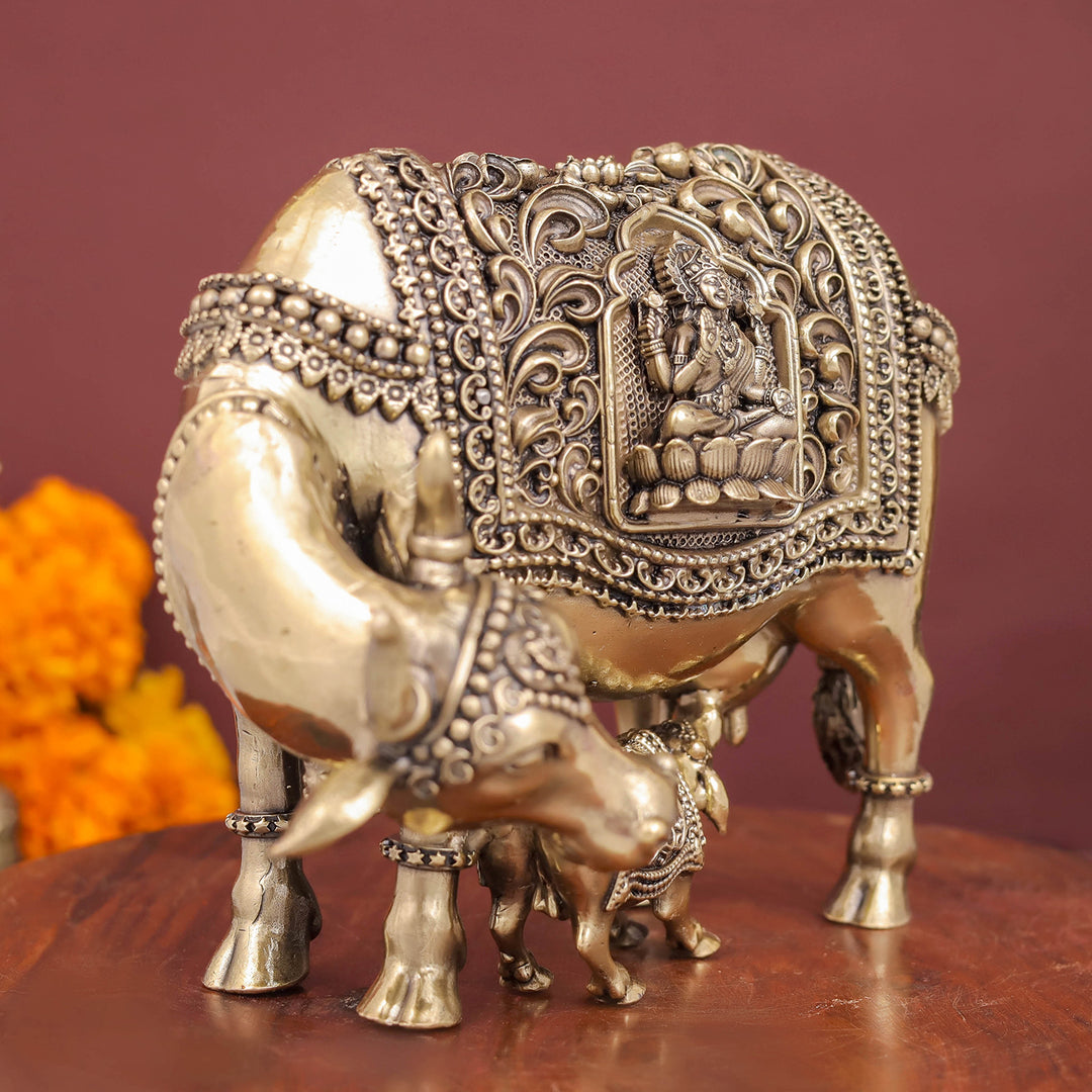 Brass Antique Kamdhenu with Lakshmi Ganesha Statue 6"