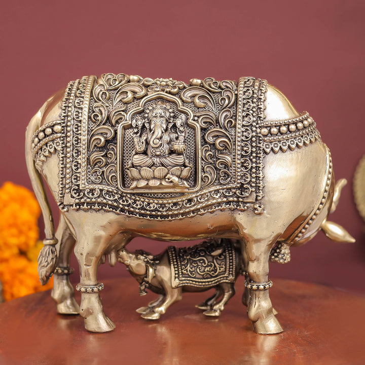 Brass Antique Kamdhenu with Lakshmi Ganesha Statue 6"
